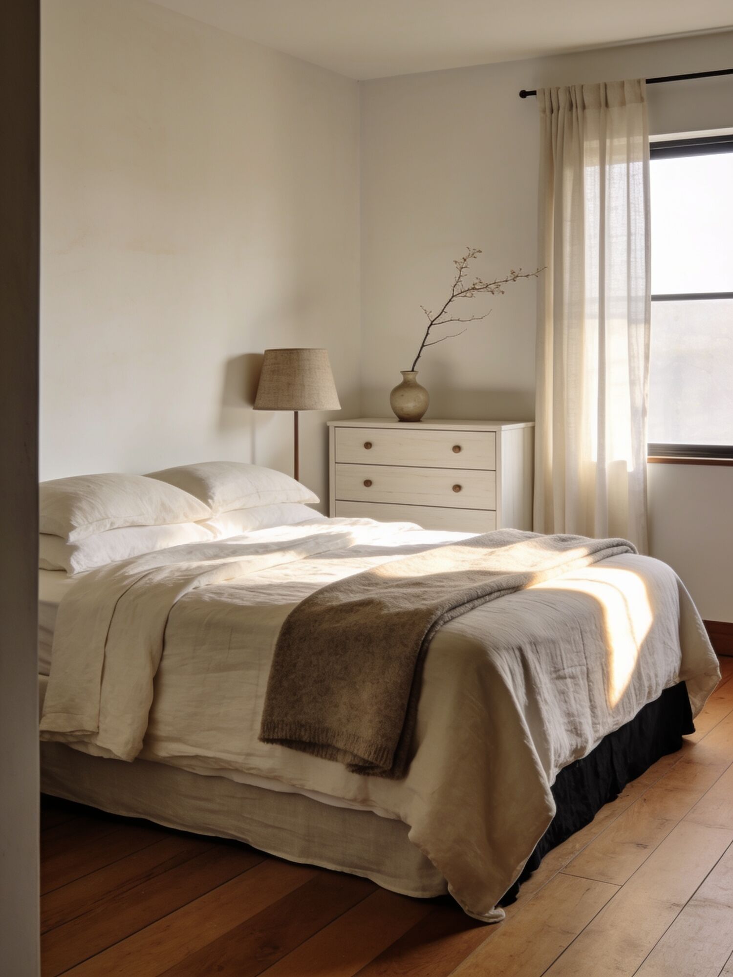 A made full-size bed with morning light at a Kokoro residence