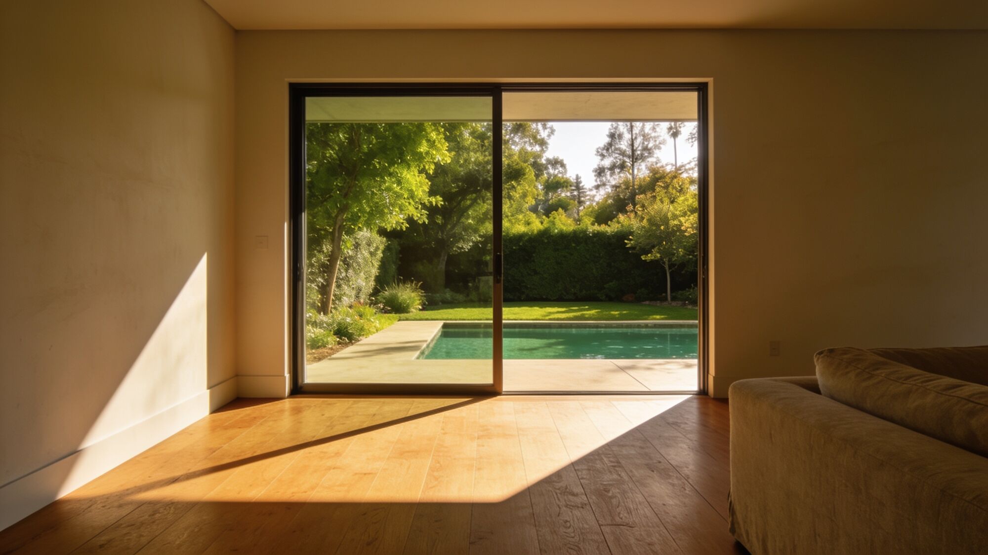 Afternoon light across the floor of a Kokoro common room, looking out to the garden